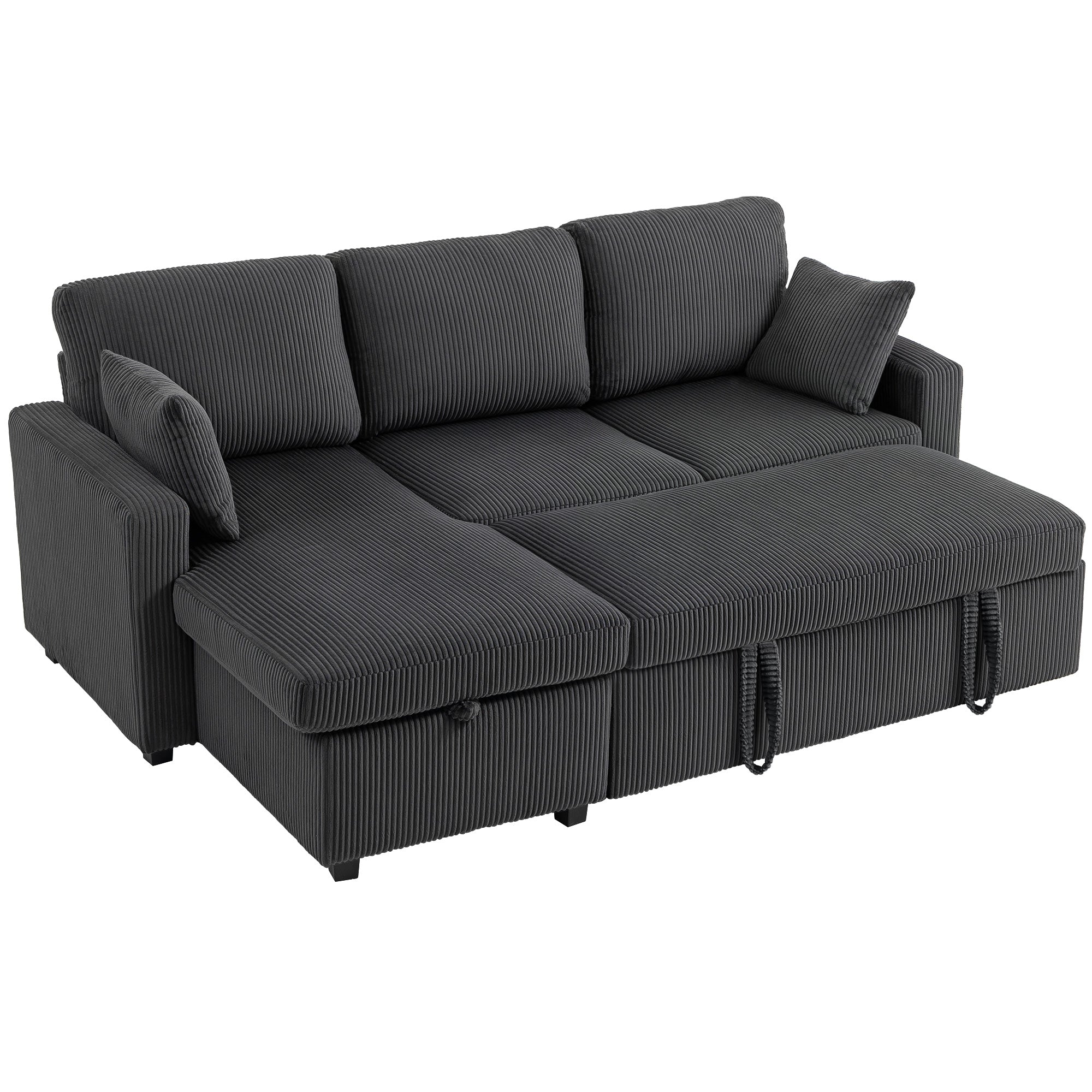 Leo 81" Sofa Bed, 2 In 1 Pull Out Sleeper Sectional with Storage, Corduroy Convertible Couch for Living Room, Dark Grey