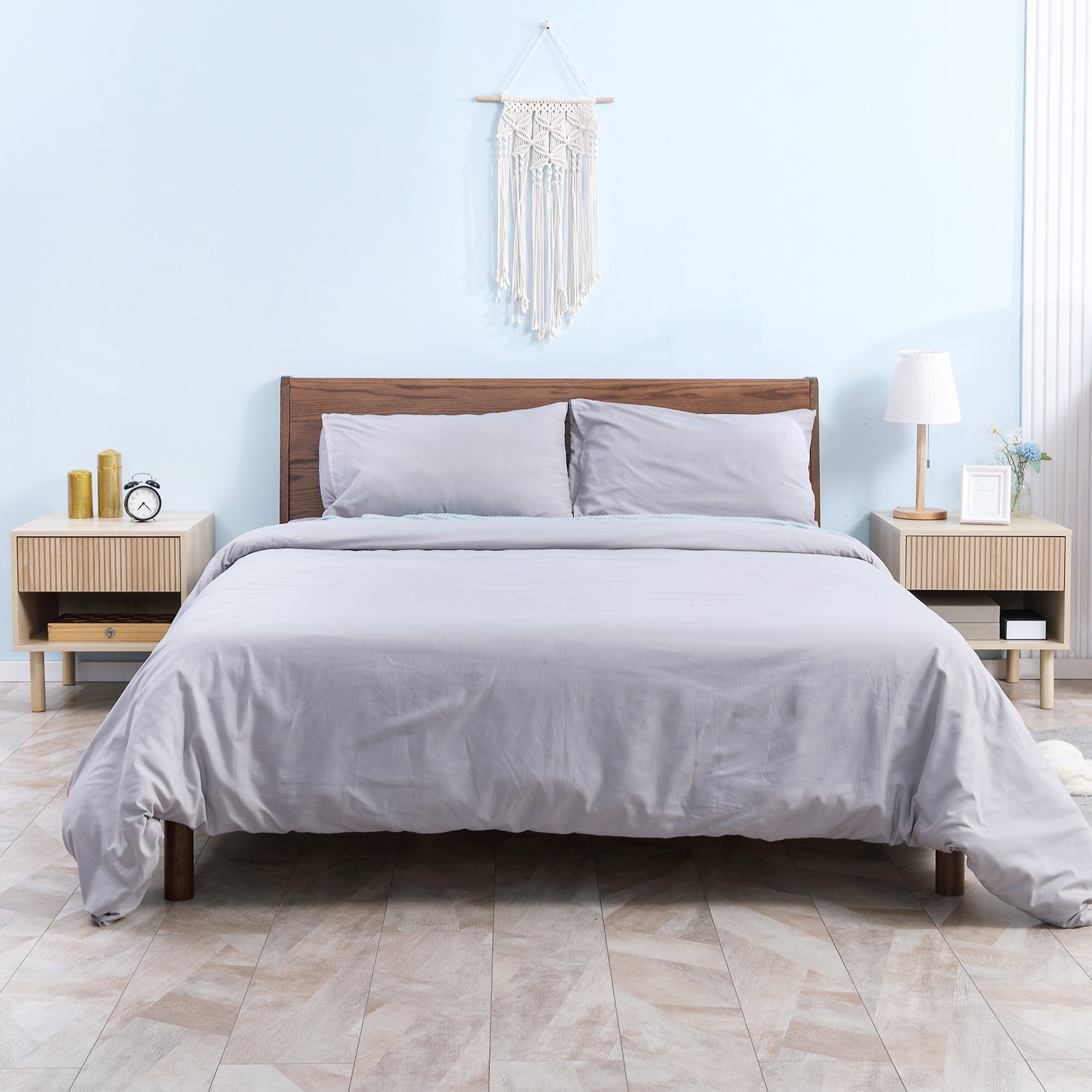 Laura Set of 2 Bedroom Nightstands, Side Table with Storage Shelf and Drawer for Living Room, Bedroom, Natural Wood