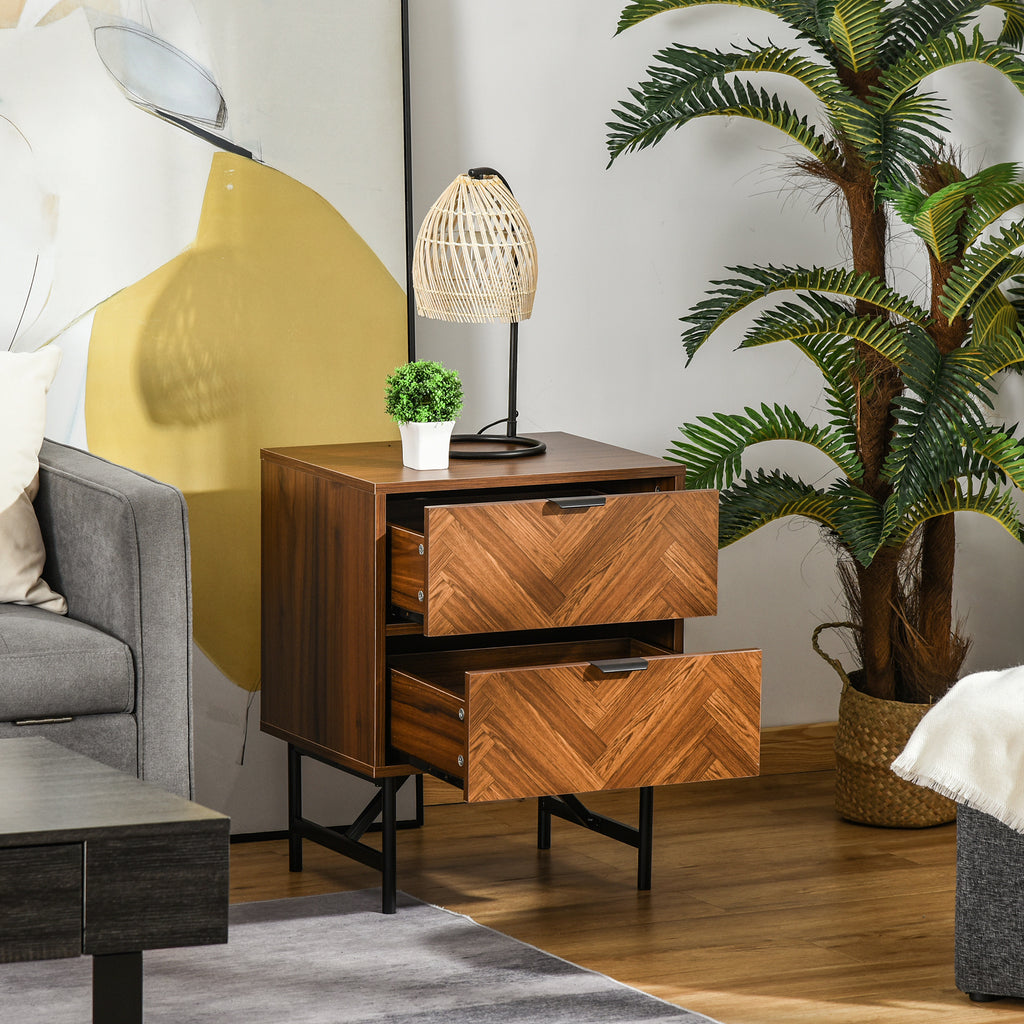 Erik Bedside Table, Nightstand for Bedroom, End Side Table Dresser Storage with 2 Drawers, Walnut Brown