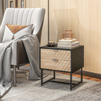 Modern Bedside Table with 2 Drawers and Steel Frame, Sofa Side Table for Bedroom Living Room, Black and Oak