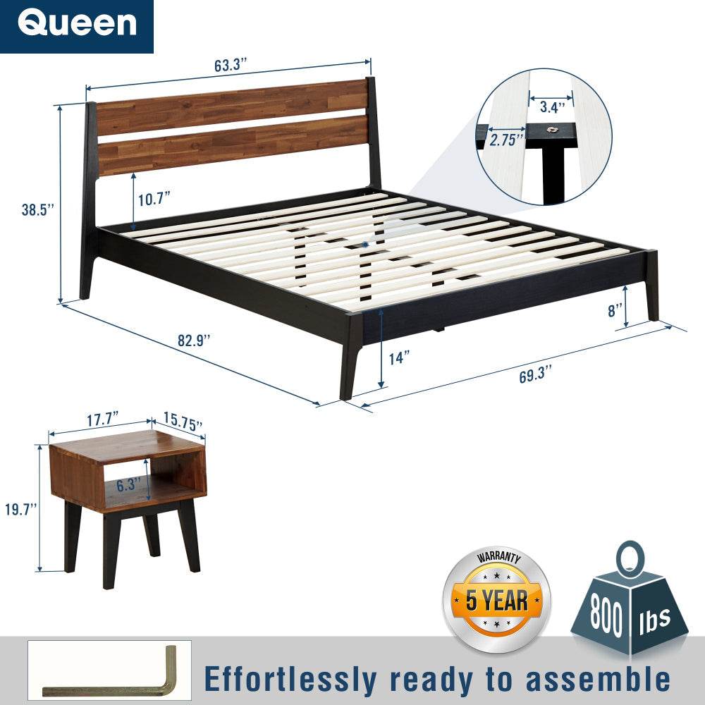 Slother Emery Solid Wood Bed Frame & Nightstand Bedroom Set