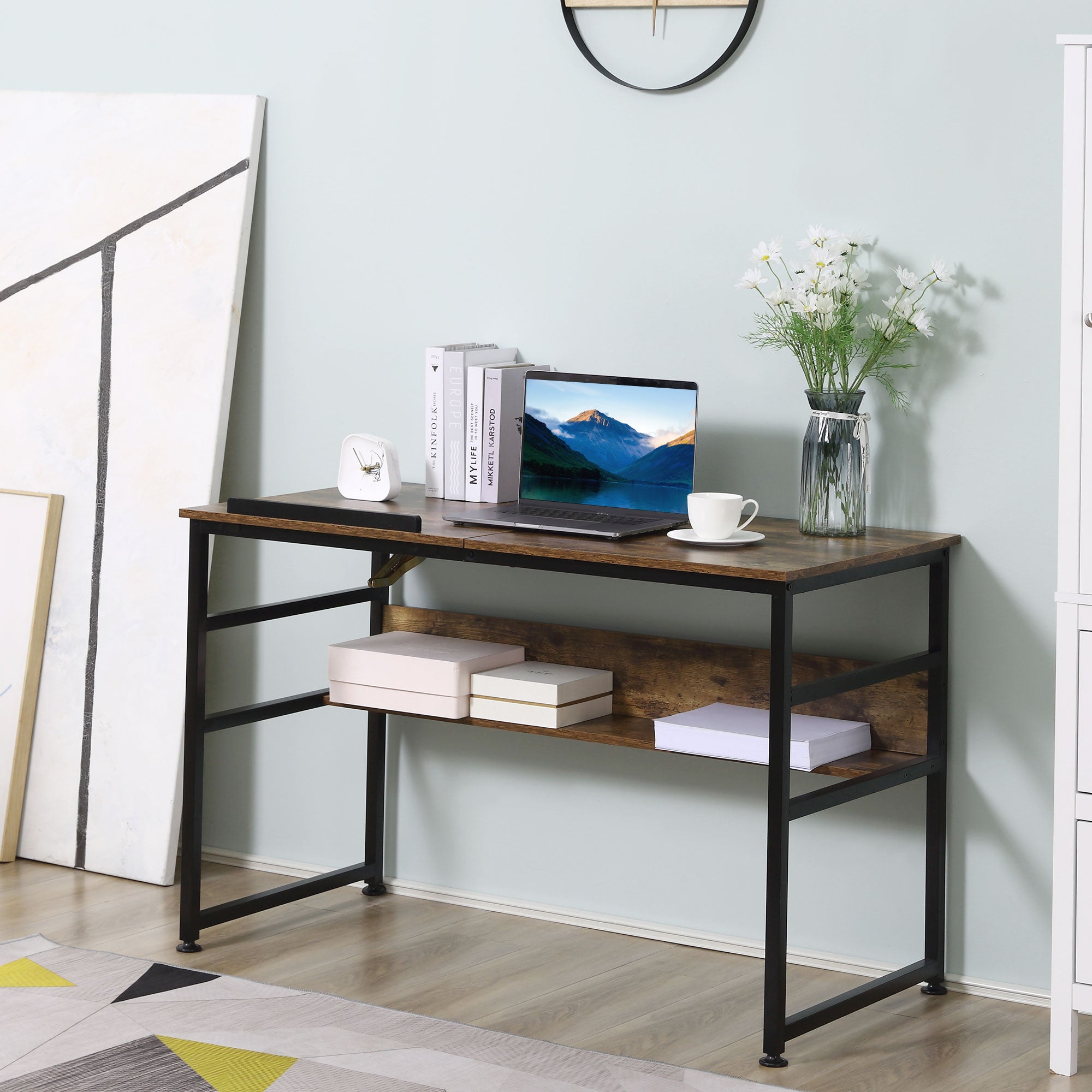 Arden Adjustable Drafting Table Art Desk Drawing Table Craft Desk Workstation for Painting Multifunctional Writing Desk with Tiltable Tabletop and Storage Shelf Rustic Brown