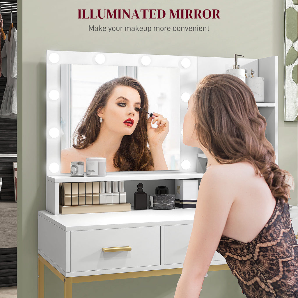 Sophia Illuminated Dressing Table, LED Vanity Table with Mirror, 3 Drawers and Storage Shelves for Bedroom, White