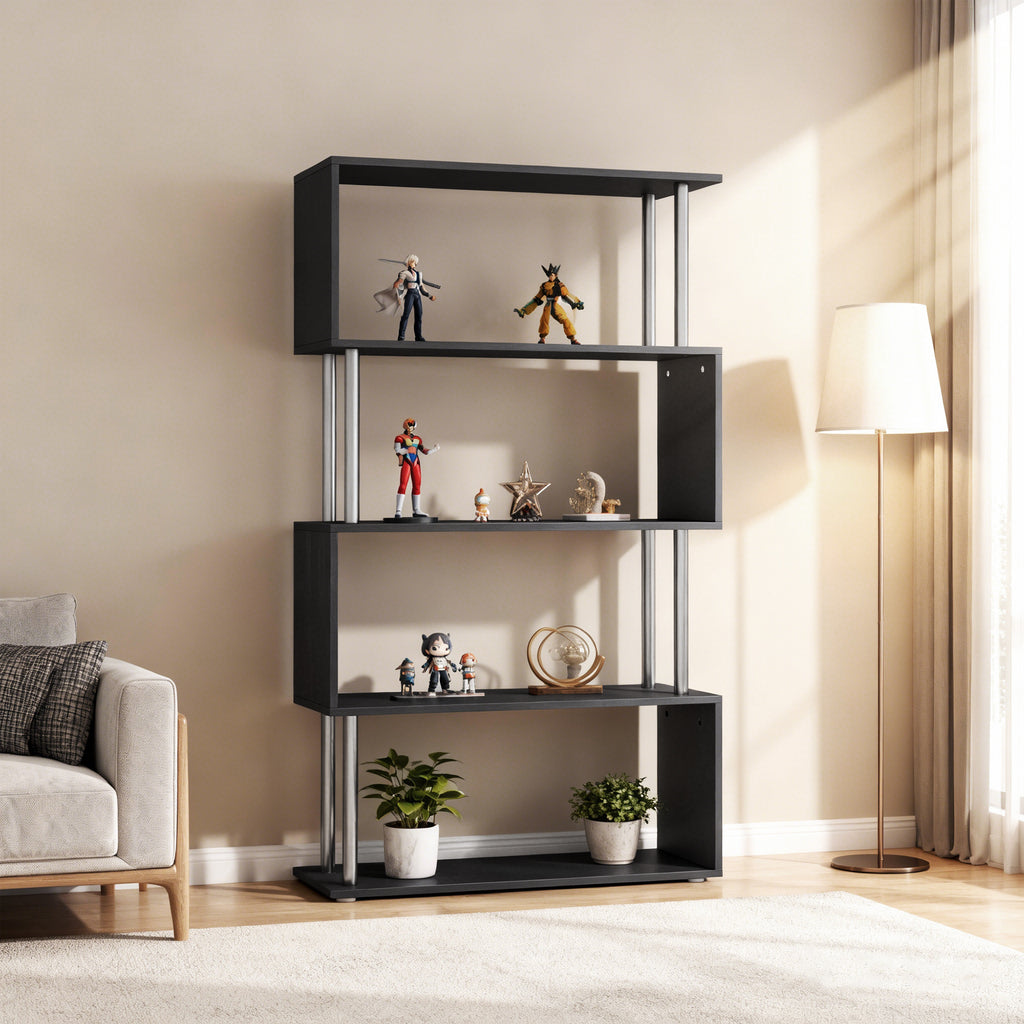 Jude 5-Tiers Geometric Wooden S-Shaped Bookshelf Display with Metal Frame for Living Room, Bedroom & Home Office-Black