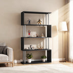 Jude 5-Tiers Geometric Wooden S-Shaped Bookshelf Display with Metal Frame for Living Room, Bedroom & Home Office-Black