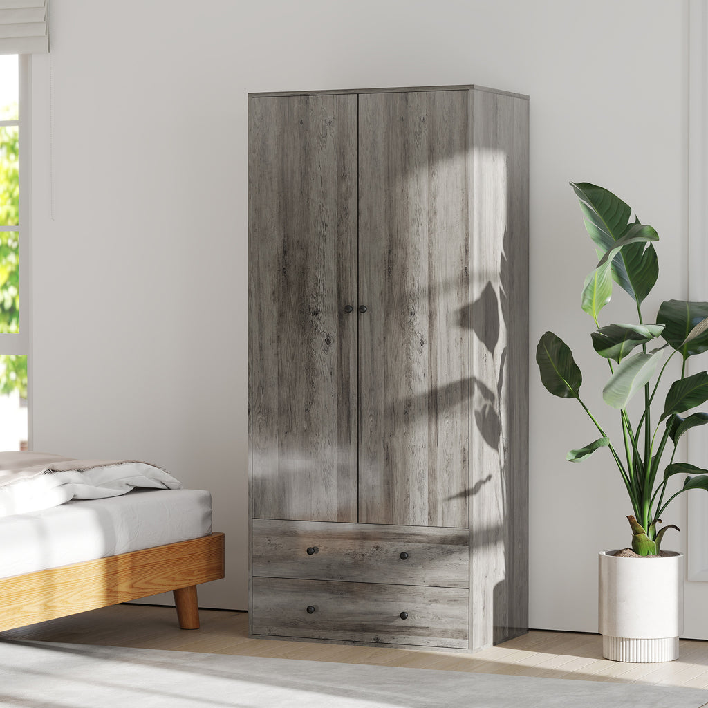 Briar Modern Wardrobe Closet Armoire with 2 Drawers and Hanging Rod, Clothes Storage Organizer for Bedroom, Grey