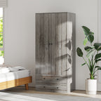 Briar Modern Wardrobe Closet Armoire with 2 Drawers and Hanging Rod, Clothes Storage Organizer for Bedroom, Grey