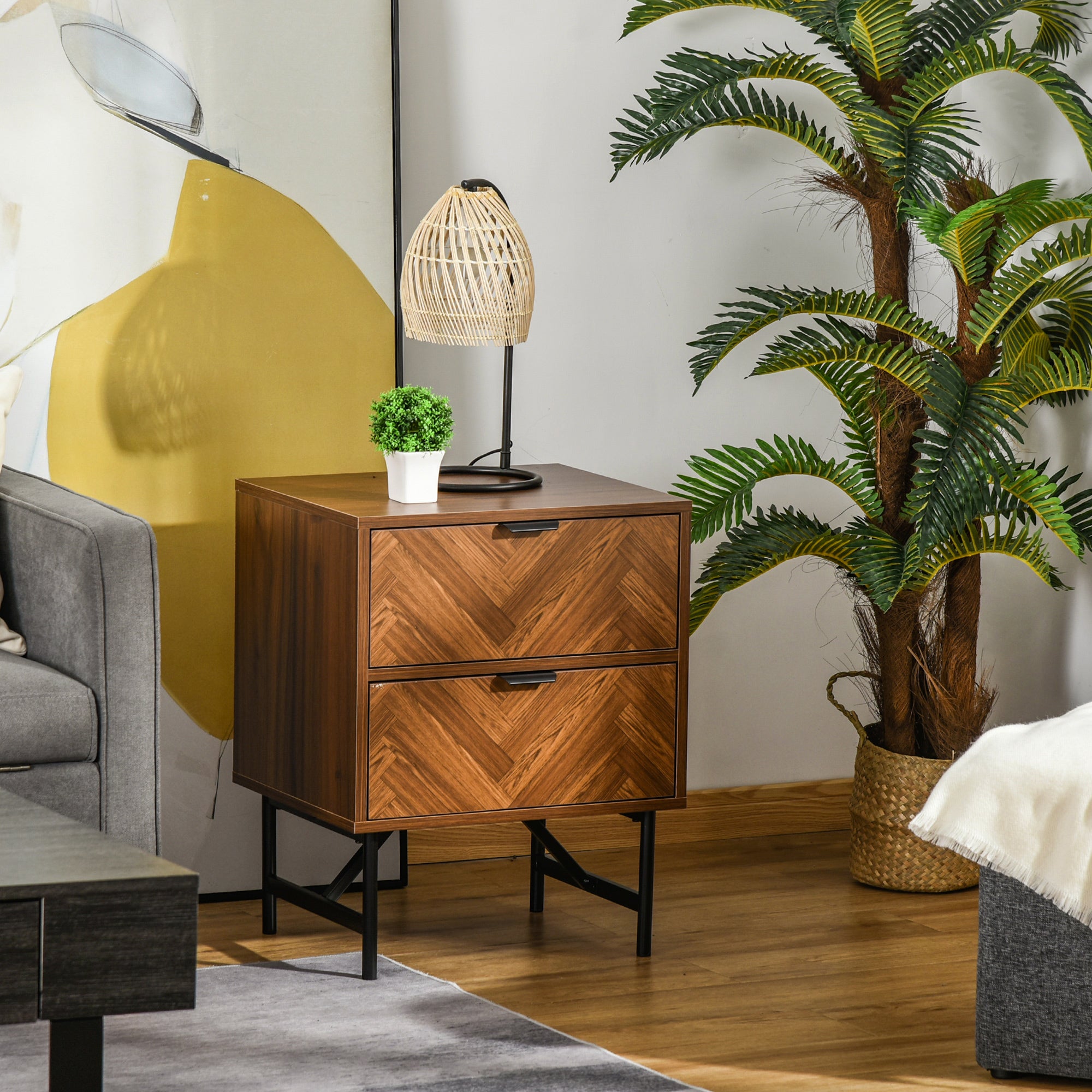 Erik Bedside Table, Nightstand for Bedroom, End Side Table Dresser Storage with 2 Drawers, Walnut Brown