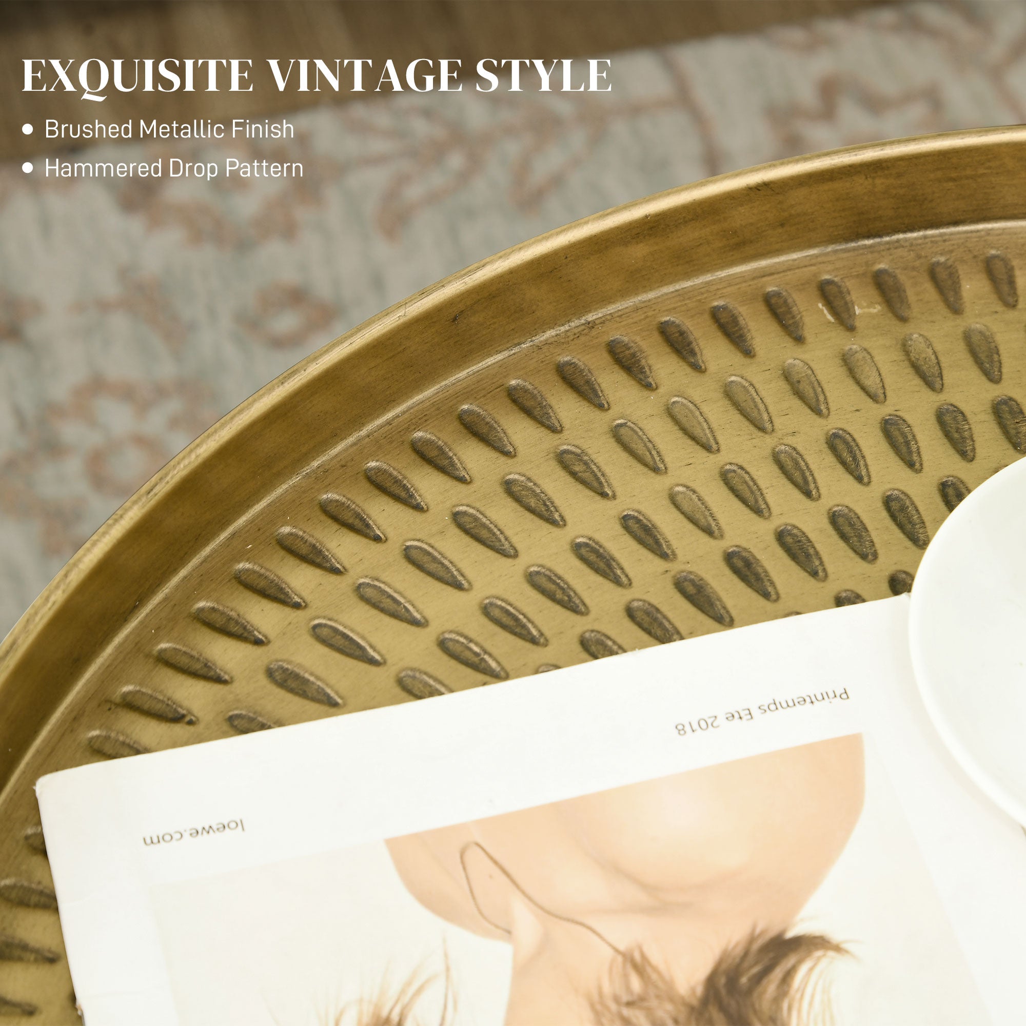 Dessie Vintage Coffee Table for Living Room, 24" Round Center Table with Hammered Tray Top and Metal Frame, Gold