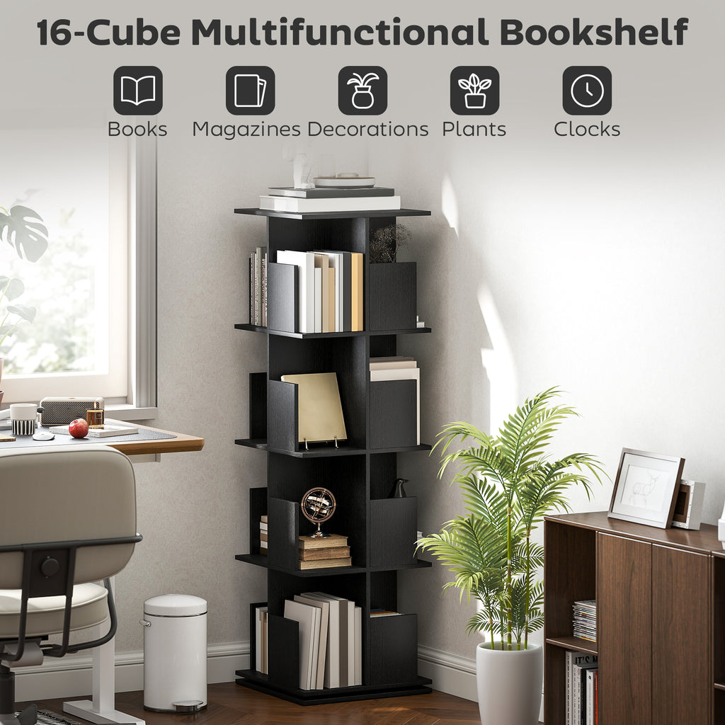 Brett 360 Rotating 4 Tier Bookshelf with with Anti-Tipping Straps and Anti-Slip Pads  for Books, Plants, Decorations-Black