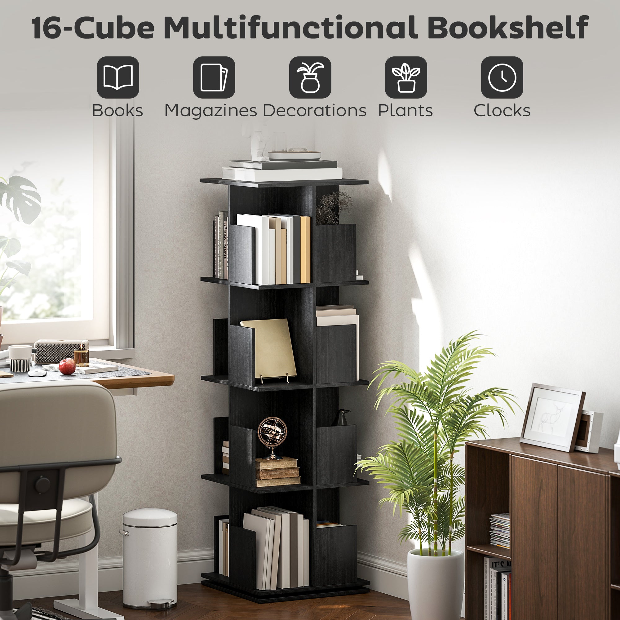 Brett 360 Rotating 4 Tier Bookshelf with with Anti-Tipping Straps and Anti-Slip Pads  for Books, Plants, Decorations-Black