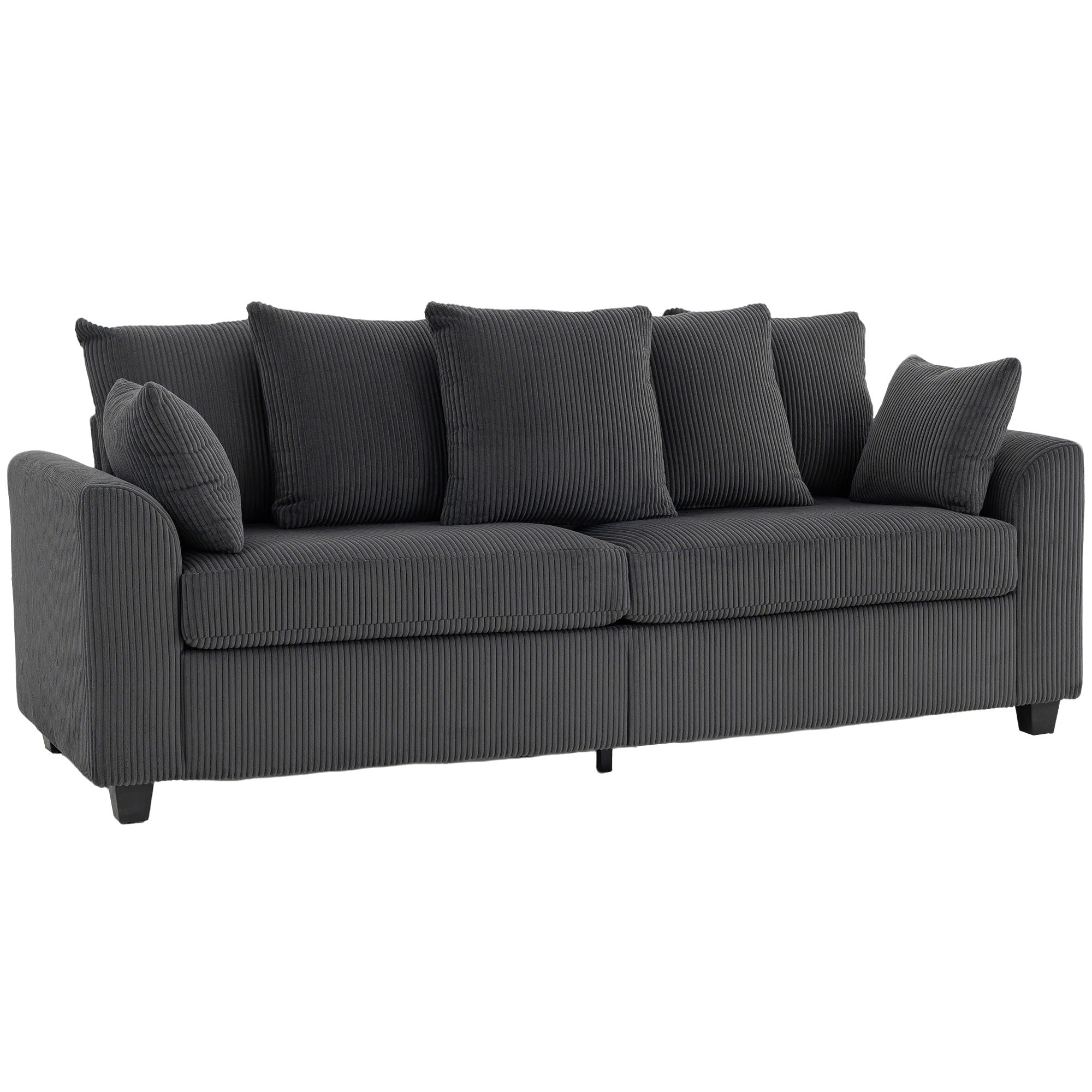 RAMSEY Corduroy Couch, 3 Seater Sofa, Modern Upholstered Couch with Curved Armrests and 8 Removable Pillows, Dark Grey