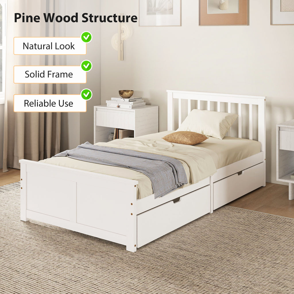 Leo Pine Twin Bed Frame, Wood Storage Bed Frame with Drawers, Wood Slat Support, No Box Spring Needed, Easy Assembly, White