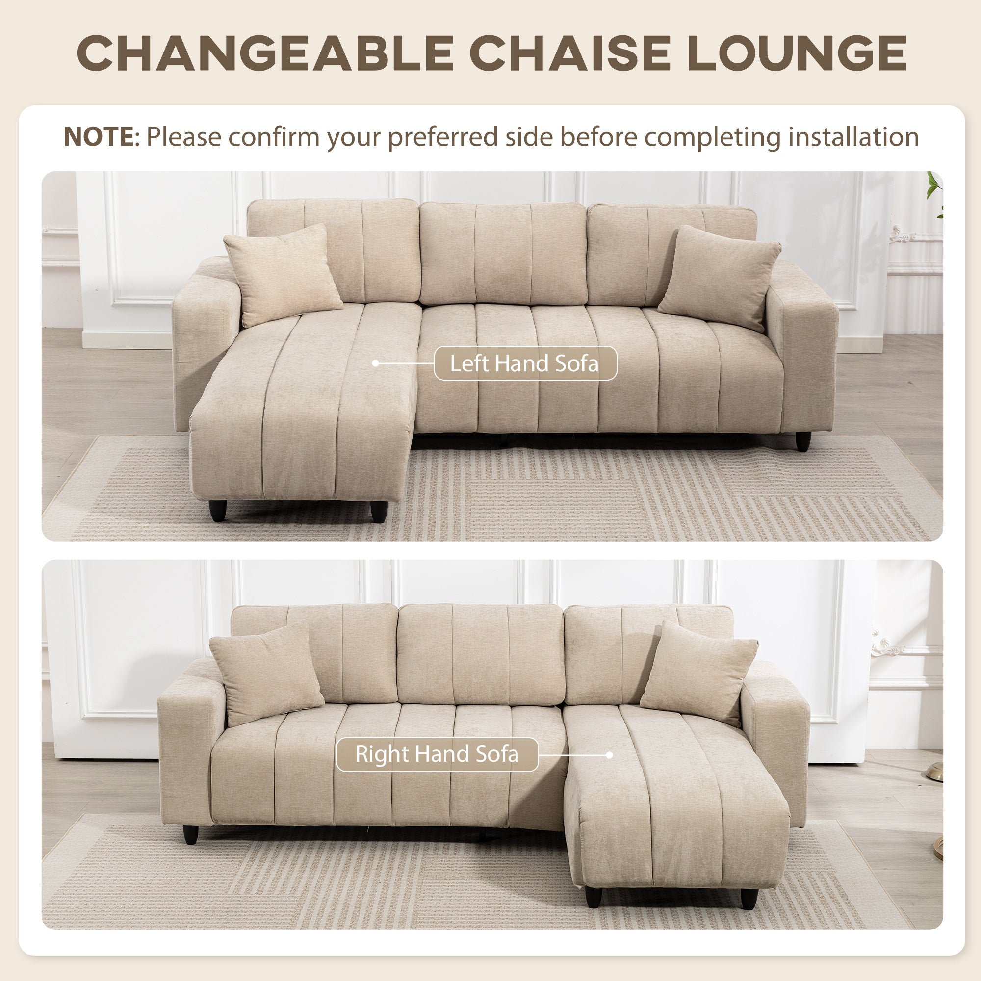 WILSHERE Reversible Sectional with Integrated Seat, 3 Seater L-Shaped Sofa with Changeable Chaise, Spring Cushion, 2 Pillows, Beige