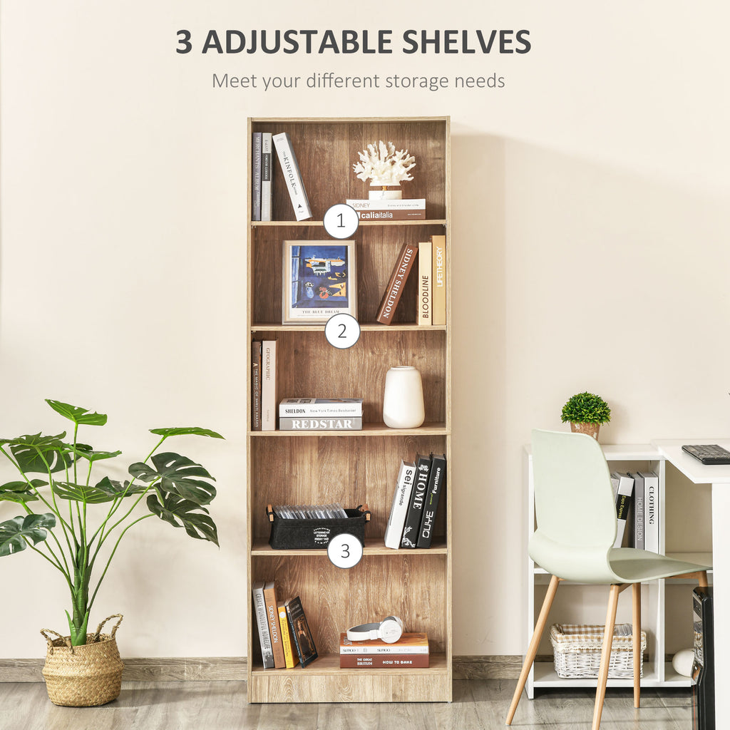 Leighton 5-Tier Storage Bookshelf with Adjustable Shelves-Natural Wood