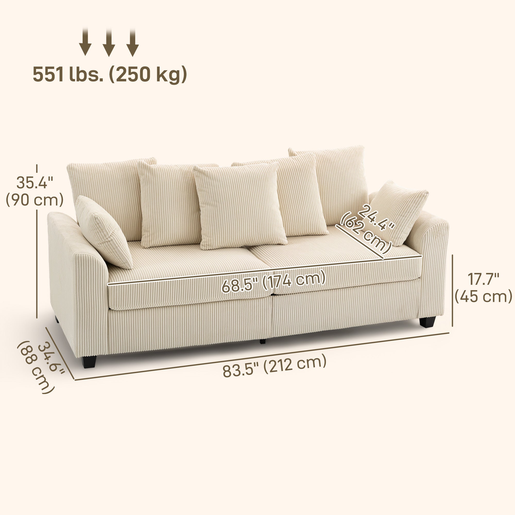 Ramsey Modern Corduroy 3 Seater Sofa with 8 Removable Pillows-Beige