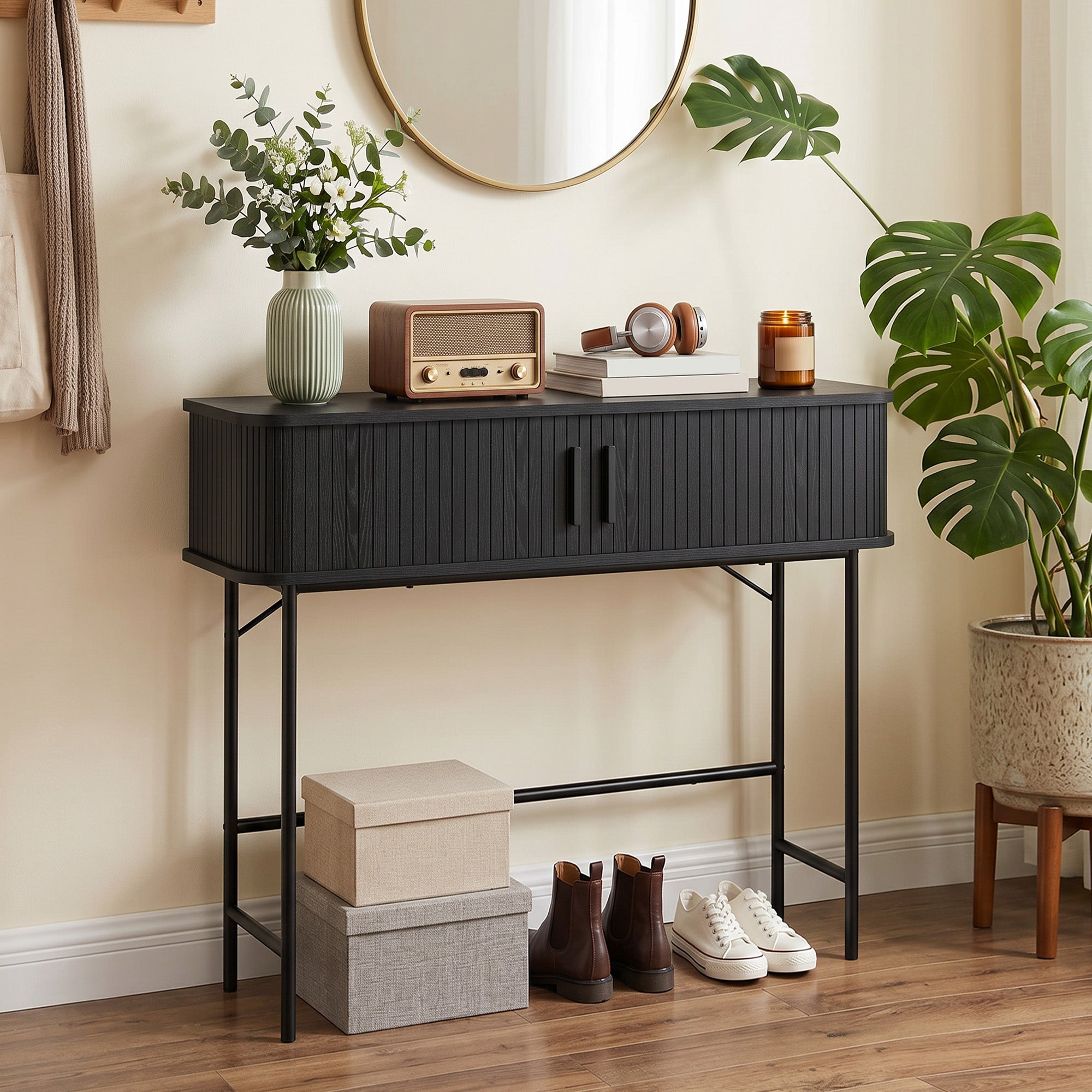 Julian Modern-Mid-Century Narrow Entryway/Console Table with Storage-Black