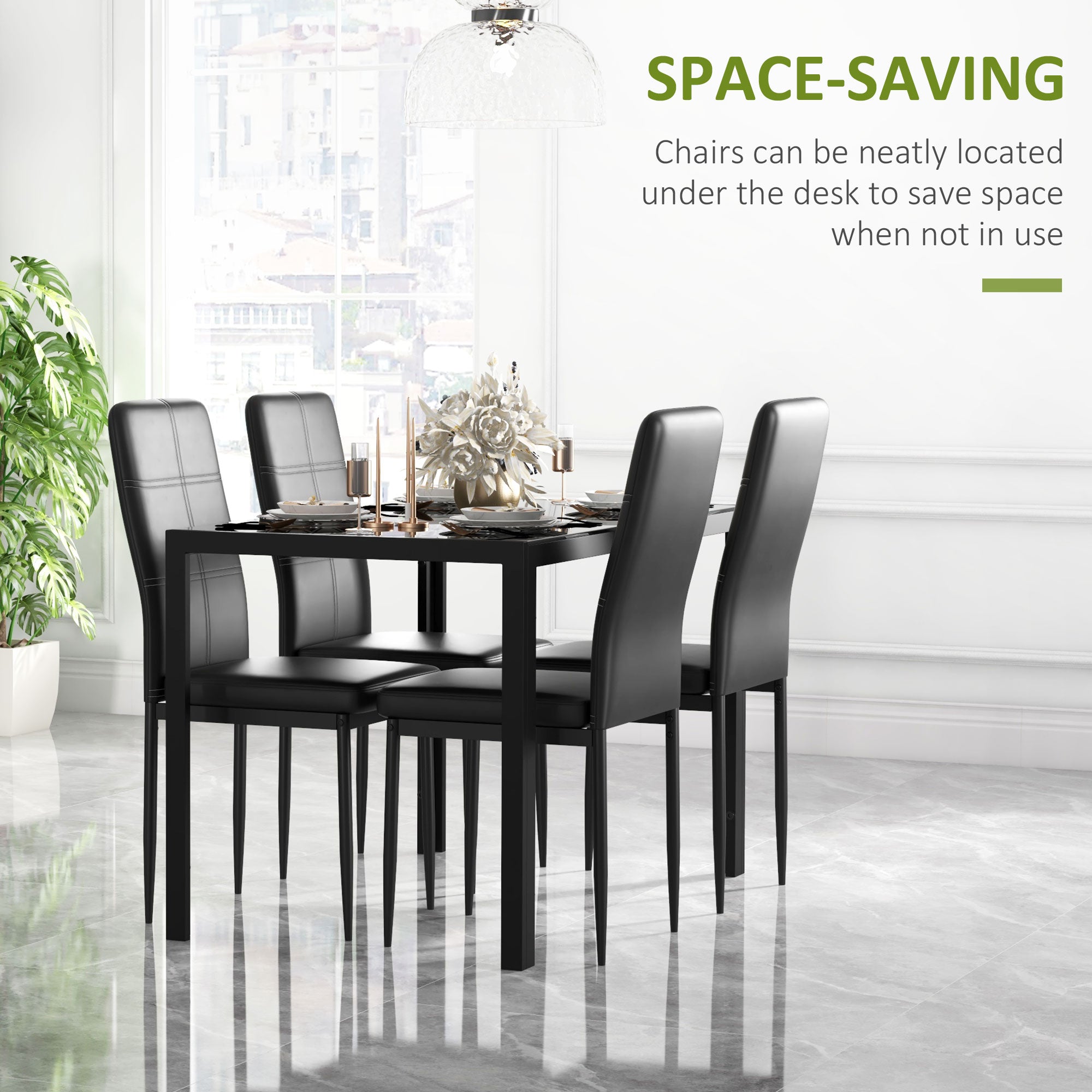 Zaya 5-Piece Rectangular Glass Kitchen Table and Chairs with Metal Frame and Faux Leather Upholstery for Dining Room, Black