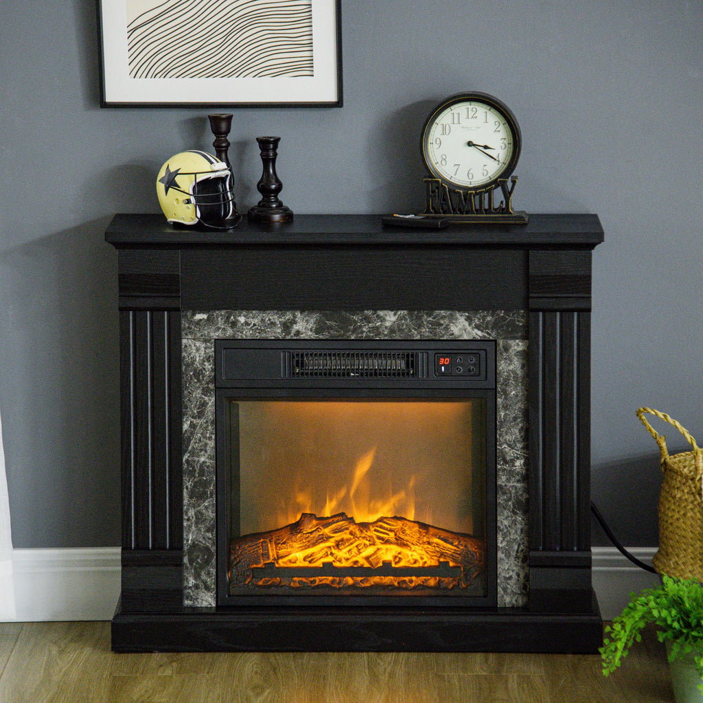 Easton electric fireplace mantel with glowing flame effect and elegant design, perfect for indoor warmth and comfort.