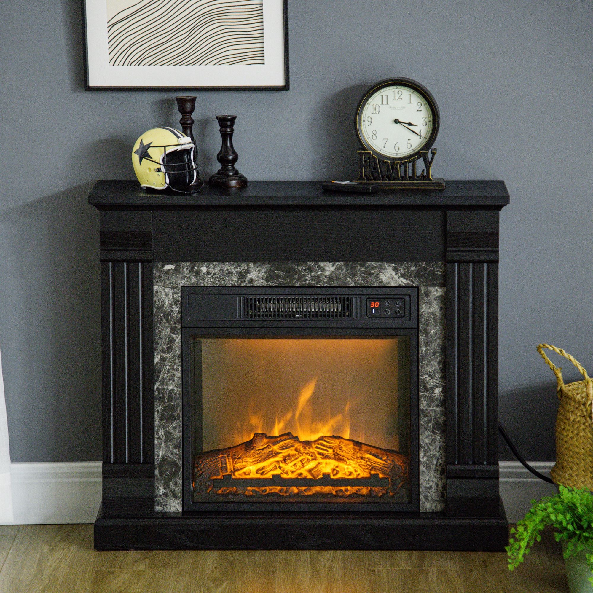Easton electric fireplace mantel with glowing flame effect and elegant design, perfect for indoor warmth and comfort.