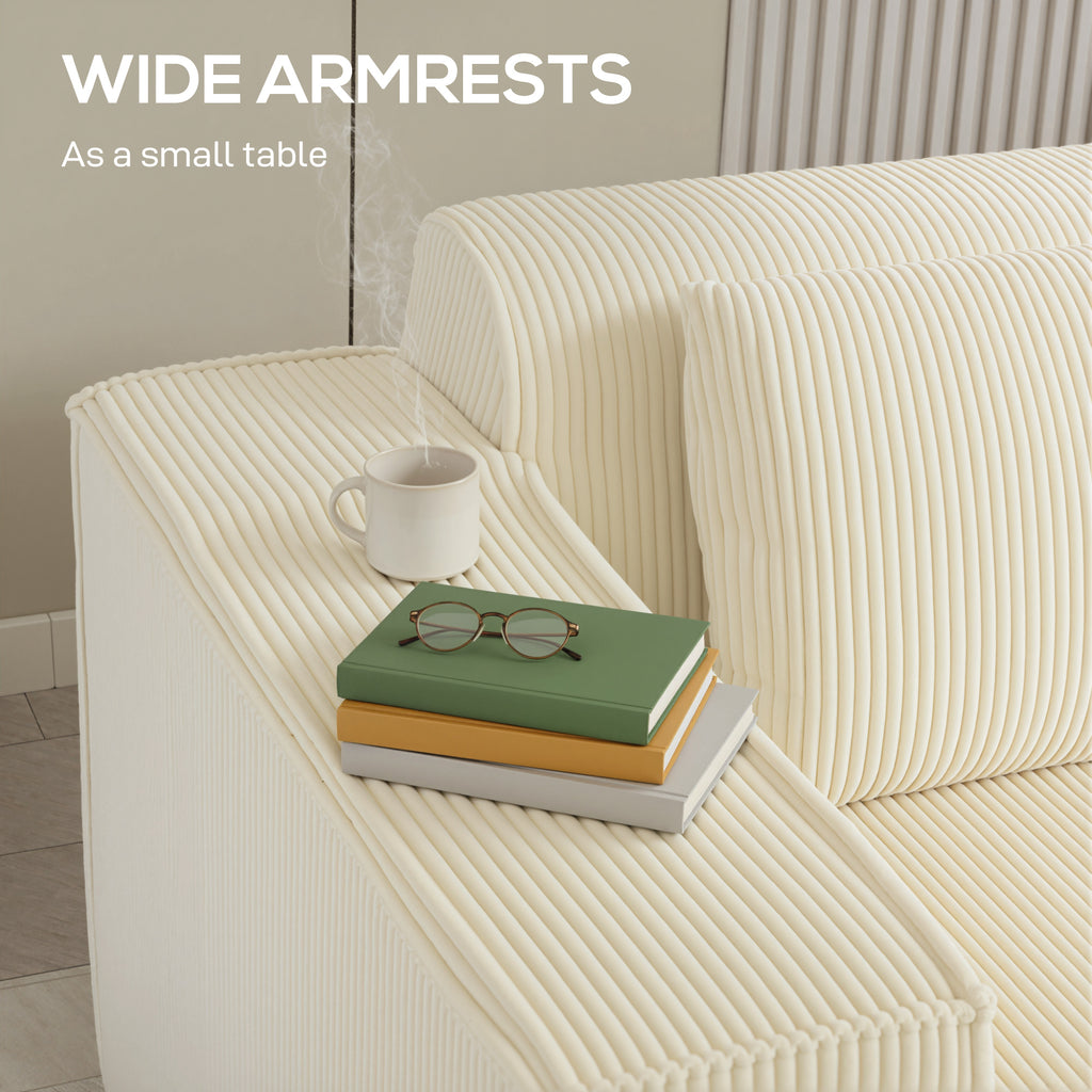 IVAN Boneless Couch, Corduroy 3 Seater Sofa with Deep Seat, Wide Armrests, 2 Pillows, Quick Assembly for Living Room, Beige