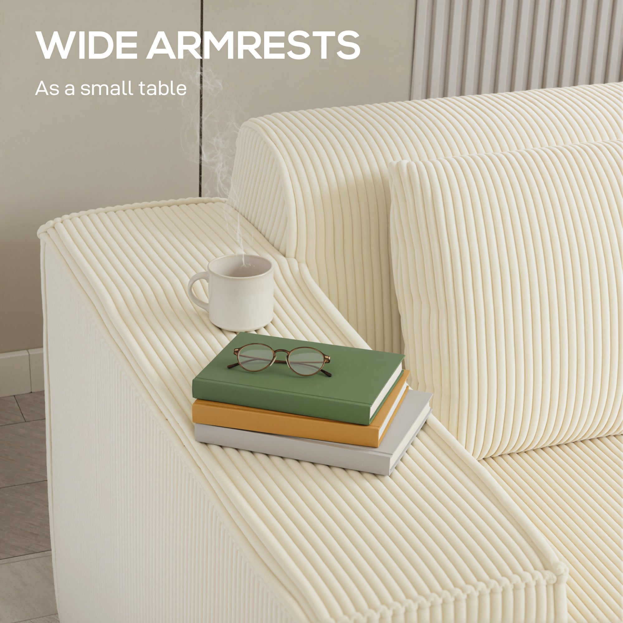 IVAN Boneless Couch, Corduroy 3 Seater Sofa with Deep Seat, Wide Armrests, 2 Pillows, Quick Assembly for Living Room, Beige