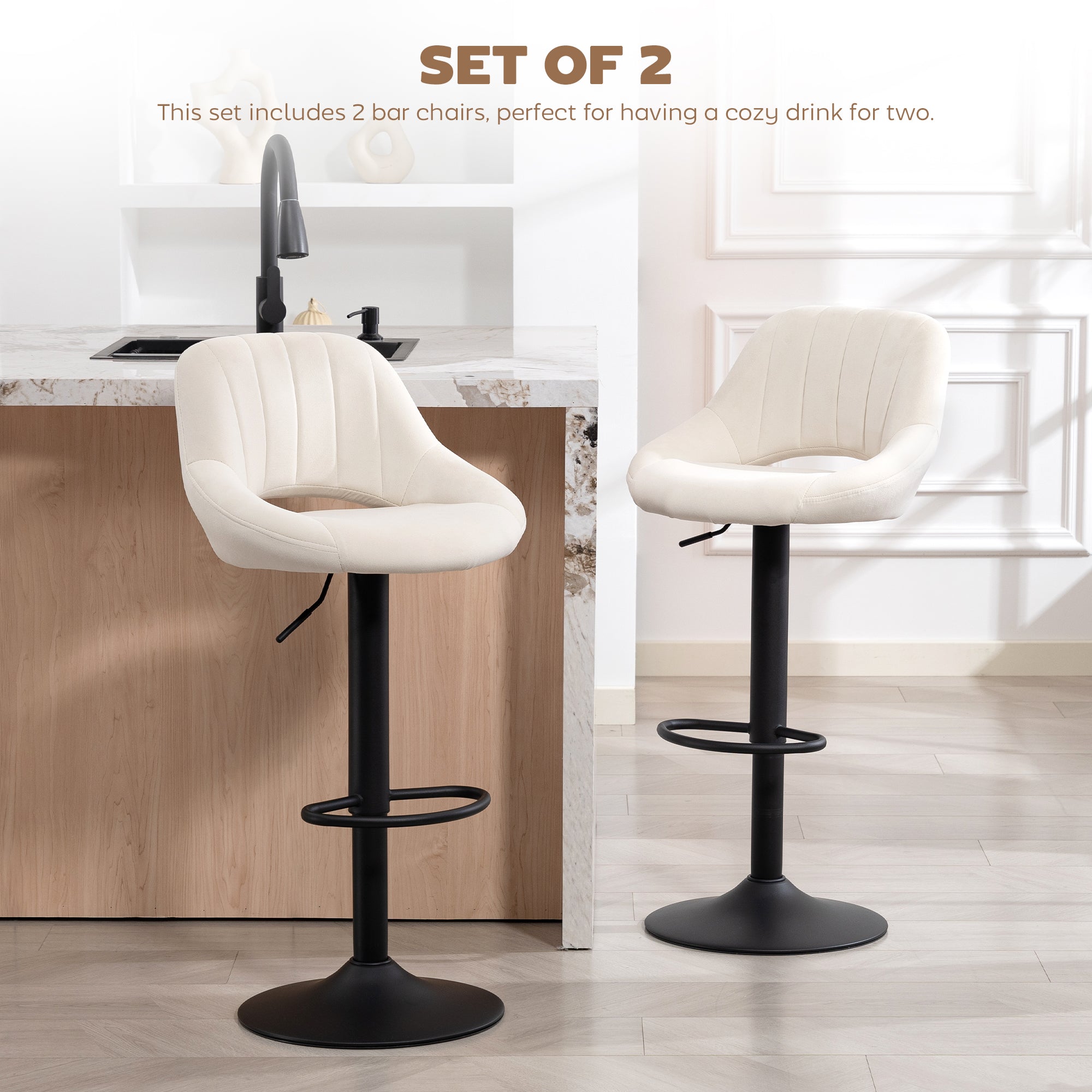 Cody Set of 2 Swivel and Adjustable height Counter/Barstools with Fabric Upholstery-Cream
