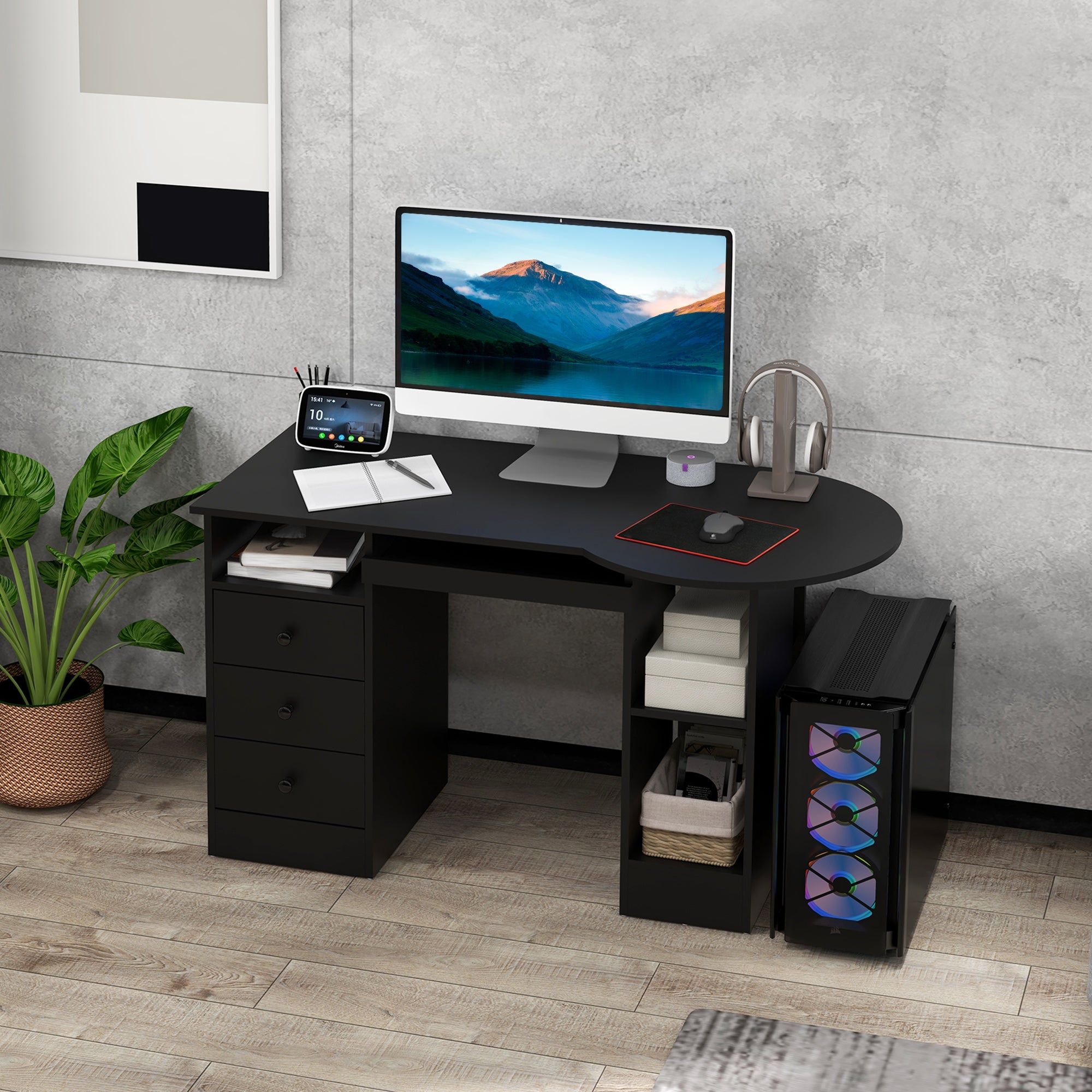 Parker Office Desk with Storage, Modern Computer Workstation Desk with Keyboard Tray-Black