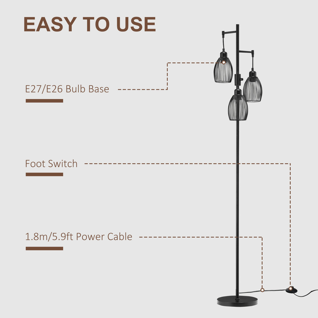 Carmen Dimmable Floor Lamp with 3 Hanging Wire Lampshades-Black