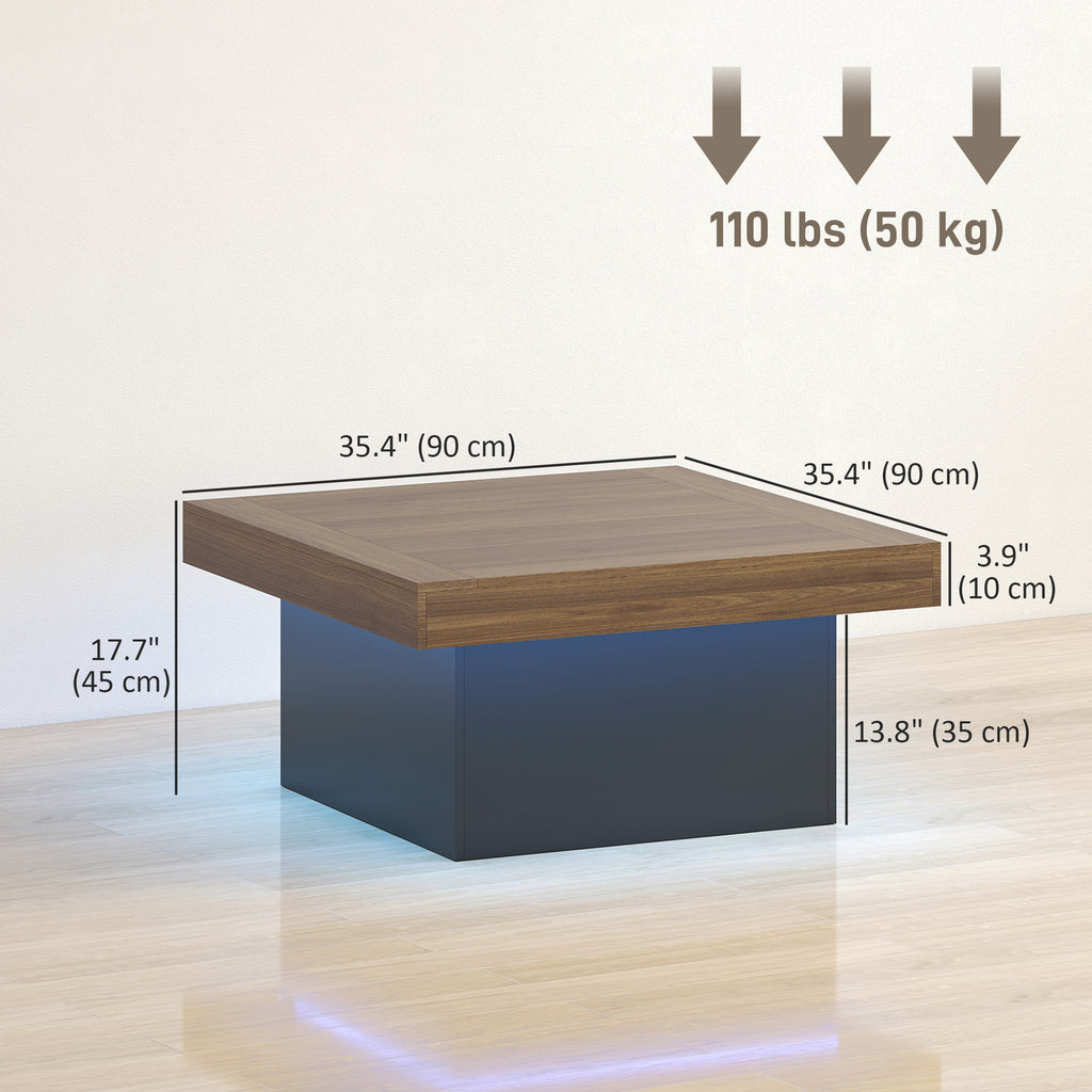 Aster Square Coffee Table with 16-Colour LED Lights, 35-inch Modern Center Table for Living Room, Walnut