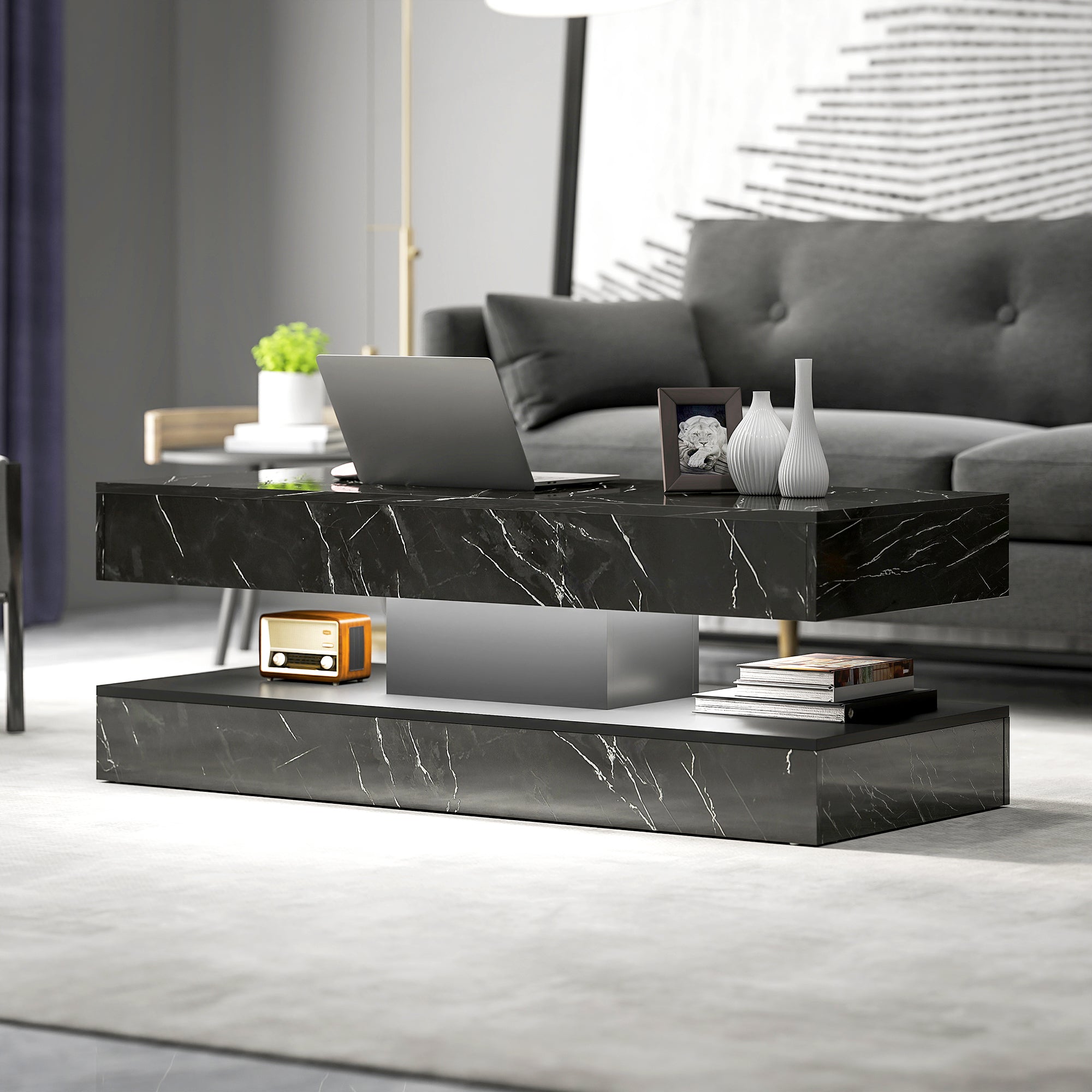 Erin Modern Coffee Table with 2 Drawers and Adjustable LED Lights-Marble Effect Black