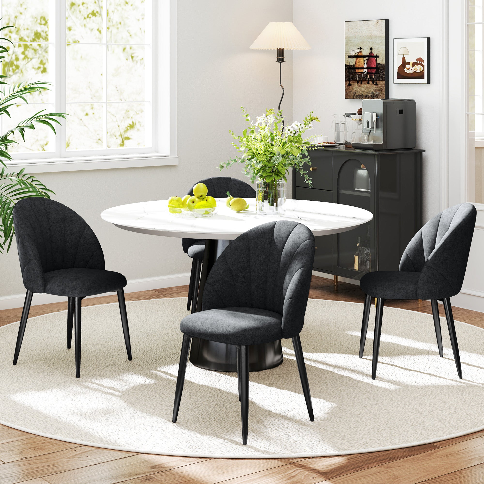 Skylar Modern Dining Chairs Set of 4, Upholstered Dining Room Chairs with Metal Legs, Shell Backrest, Padded Seat, Black