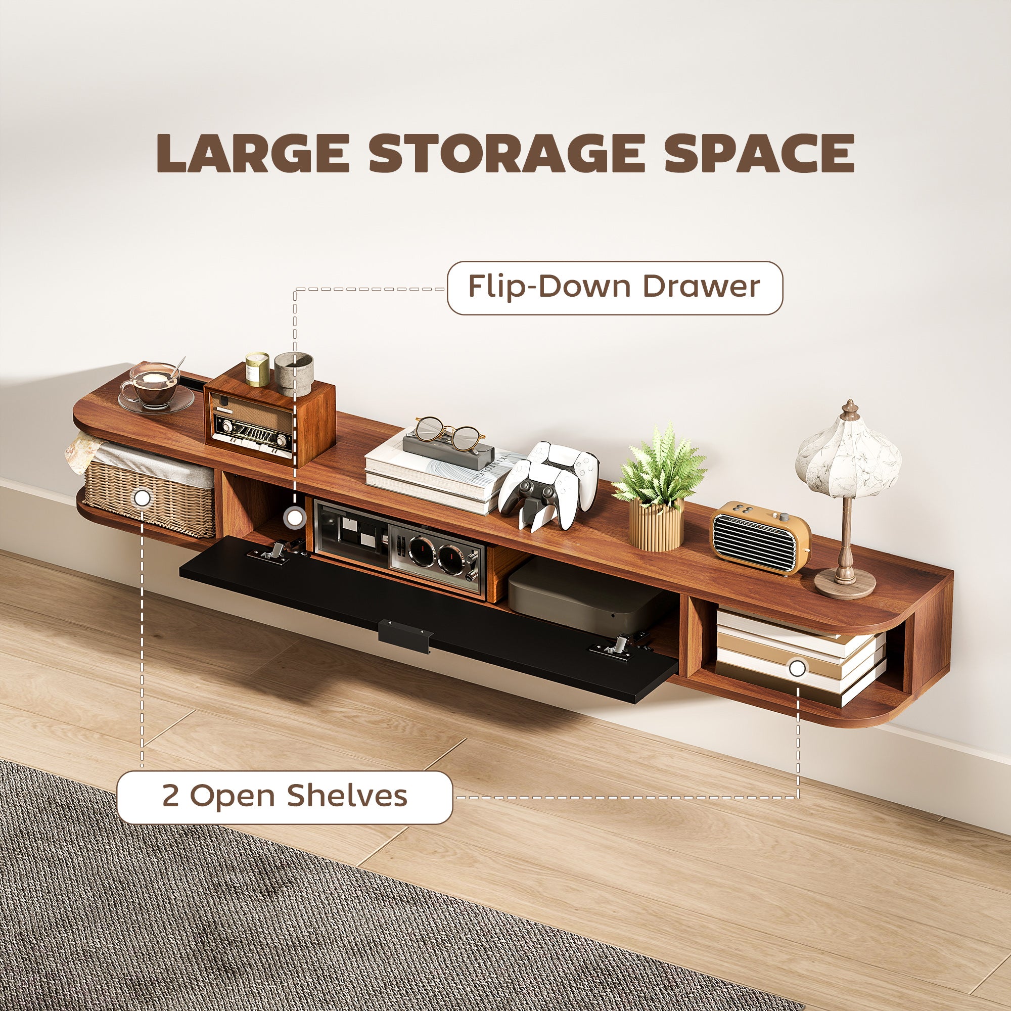 Wall Mounted Media Console with Flip Drawer and 2 Open Shelves,