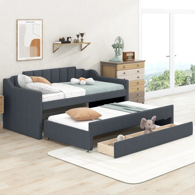 Theo Twin Size Upholstered Daybed with Trundle and Three Drawers, Pull-out Bed, 81" L x 41" W x 35.5" H, Gray
