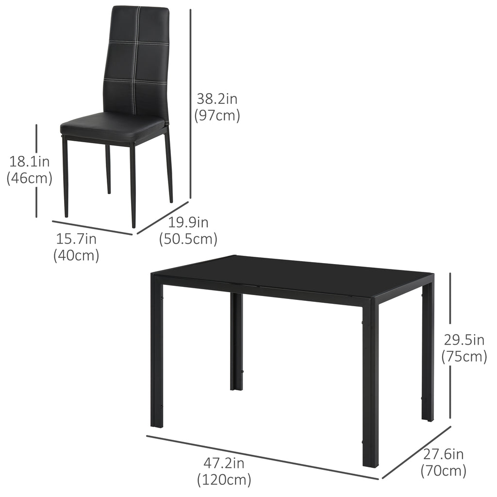 Zaya 5-Piece Rectangular Glass Kitchen Table and Chairs with Metal Frame and Faux Leather Upholstery for Dining Room, Black