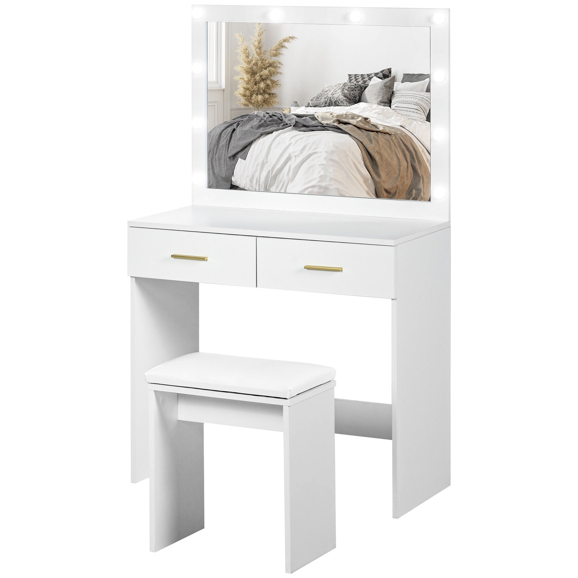 Olivia Makeup Vanity Table Set with Stool, Dressing Table with LED Lighting Mirror, Drawers, for Bedroom, White