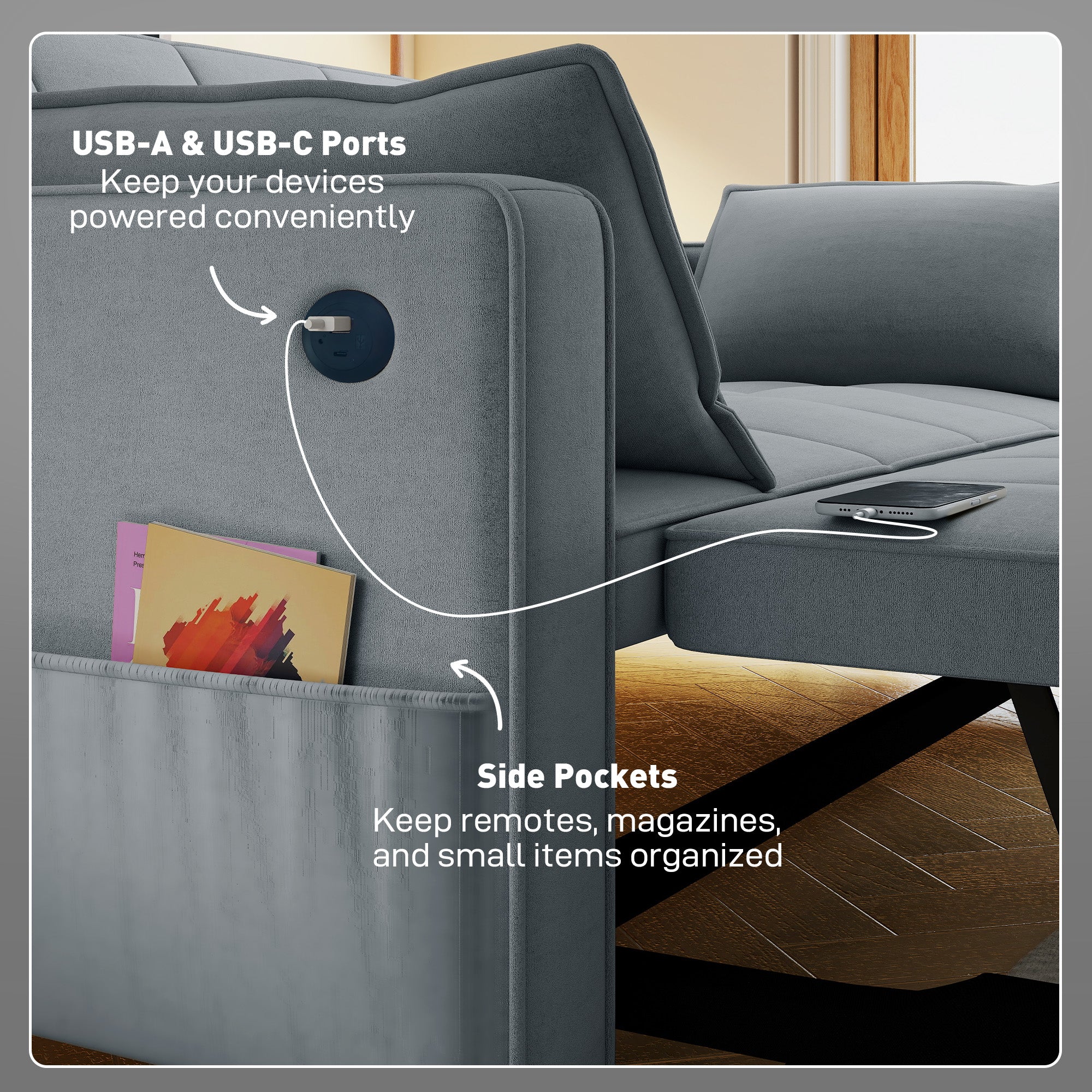 Ari 3 in 1 Convertible Sofa Bed with Adjustable Backrest and USB Ports-Dark Grey