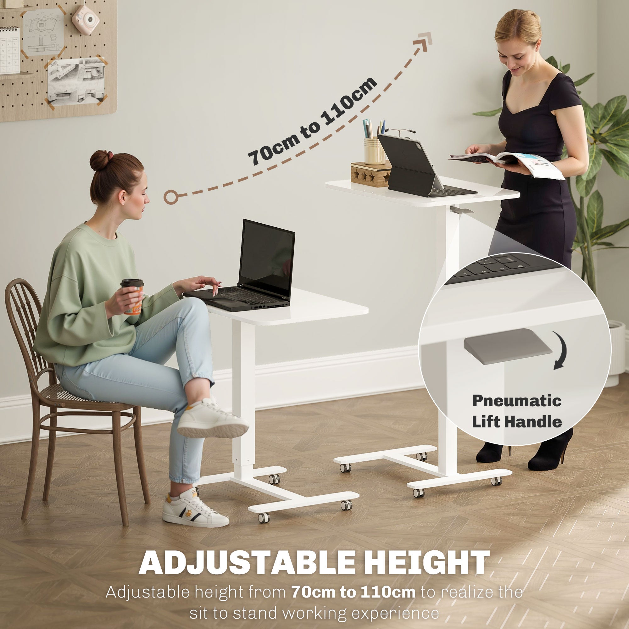 Atlas Pneumatic Standing Desk Adjustable Height, Mobile Stand Up Desk with Wheels, 43 Inch Portable Rolling Table, White