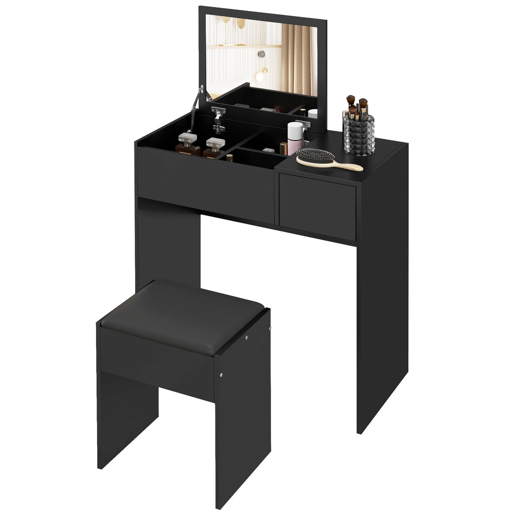 Mia Modern Vanity Set with Flip Top Mirror and Cushioned Stool, Dressing Table with Storage Drawer for Bedroom, Black