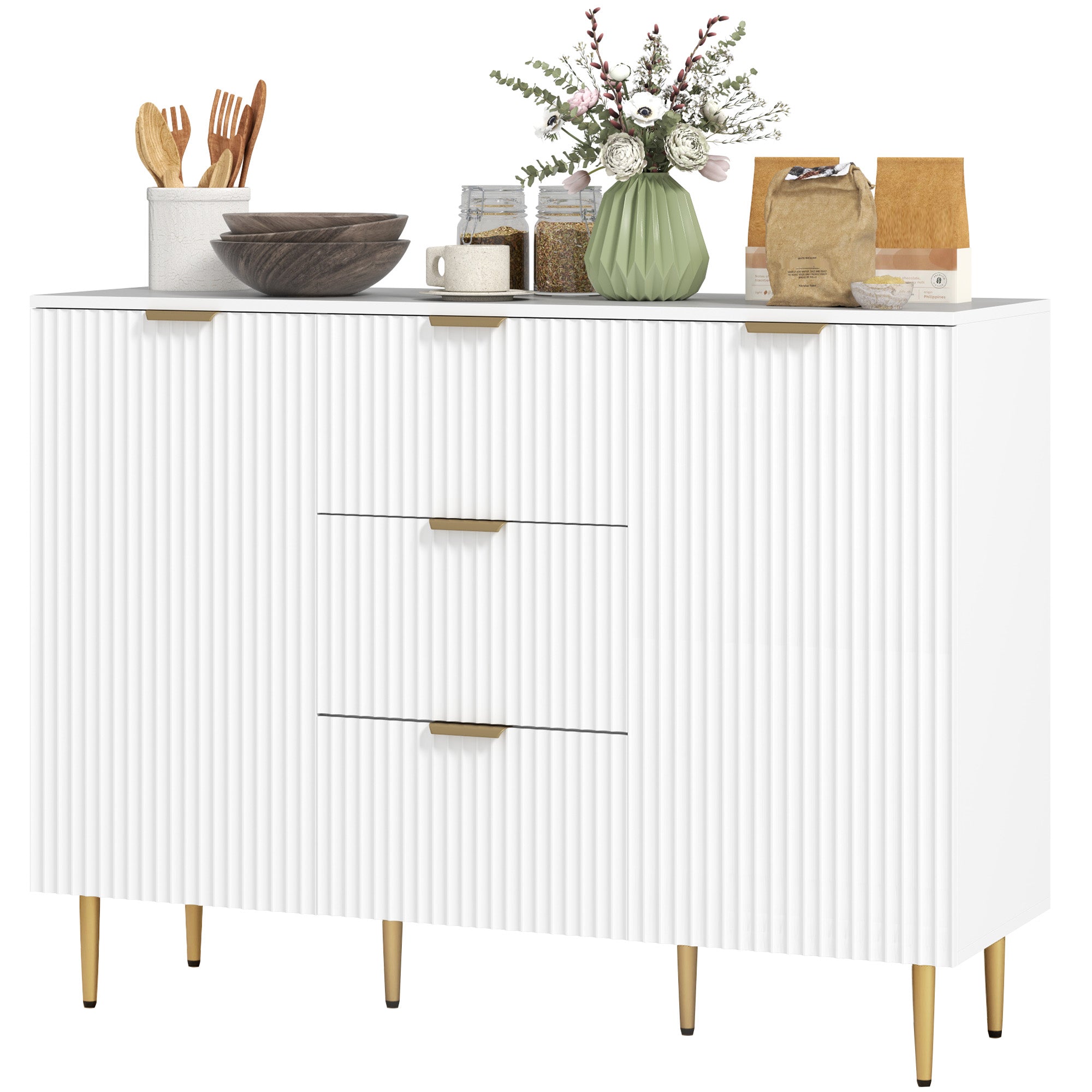 Ellis Modern Kitchen Storage Cabinet, Sideboard Buffet Cabinet w/ 3 Drawers and Adjustable Shelves for Kitchen Hallway, White