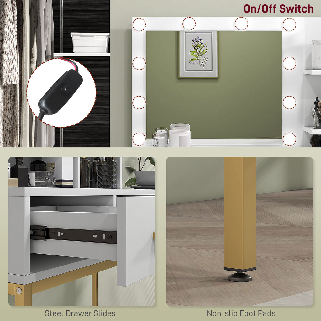 Sophia Illuminated Dressing Table, LED Vanity Table with Mirror, 3 Drawers and Storage Shelves for Bedroom, White