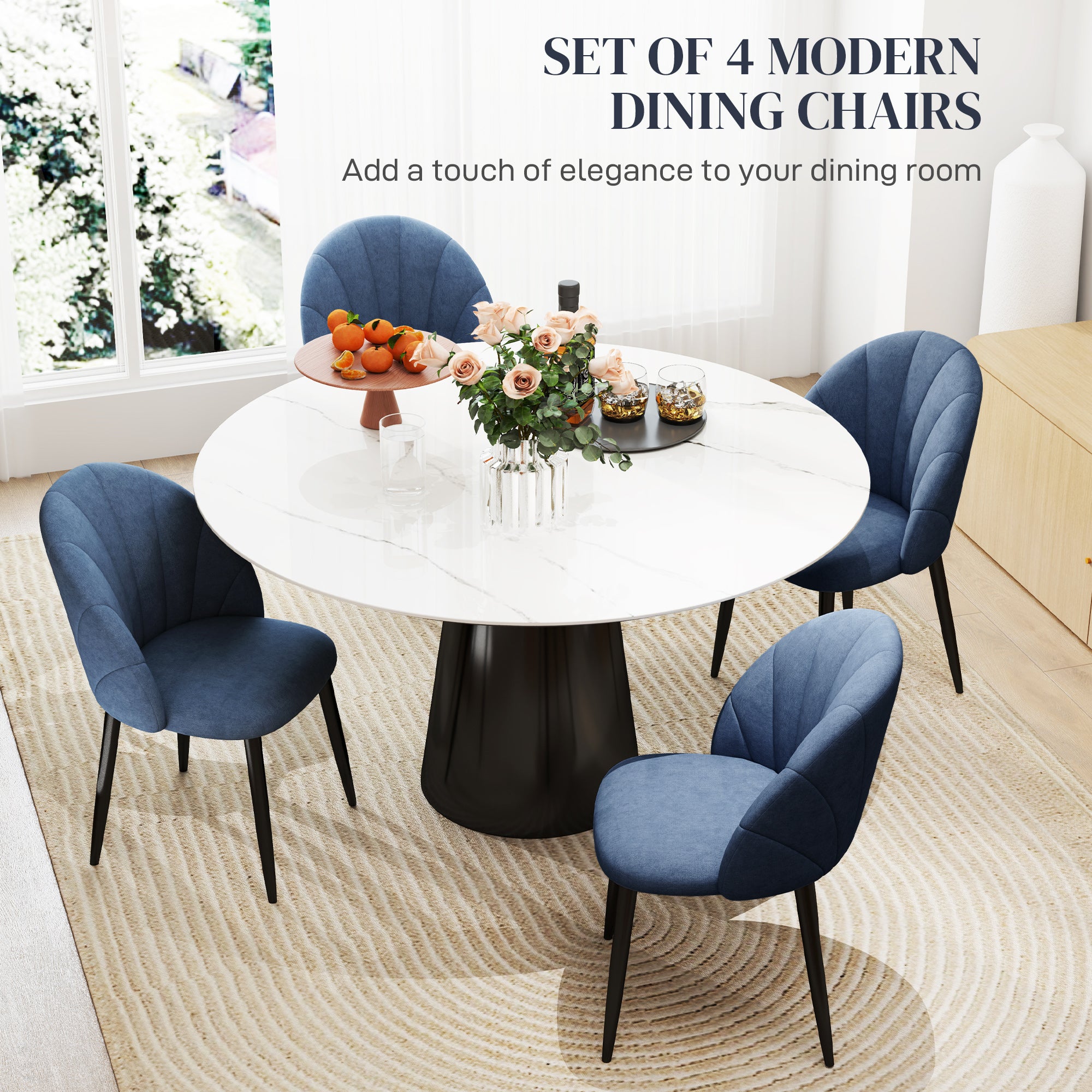 Skylar Modern Dining Chairs Set of 4, Upholstered Dining Room Chairs with Metal Legs, Shell Backrest, Padded Seat, Blue
