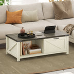 Lowen Farmhouse Coffee Table with Drawer, Open Storage Shelf for Living Room, Dining Room, Office, Distressed White