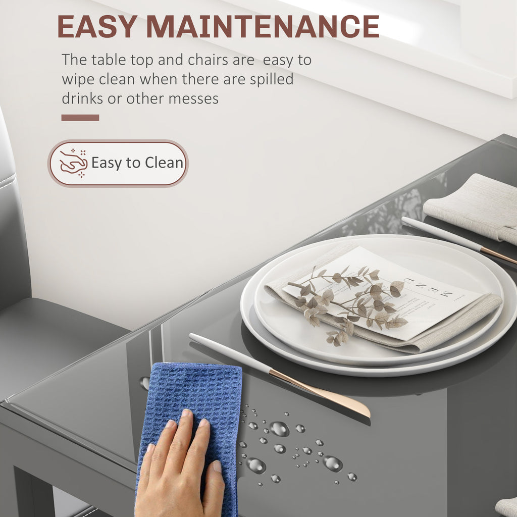 Zaya 3-Piece Rectangular Glass Kitchen Table and Chairs with Metal Frame and Faux Leather Upholstery for Dining Room, Grey