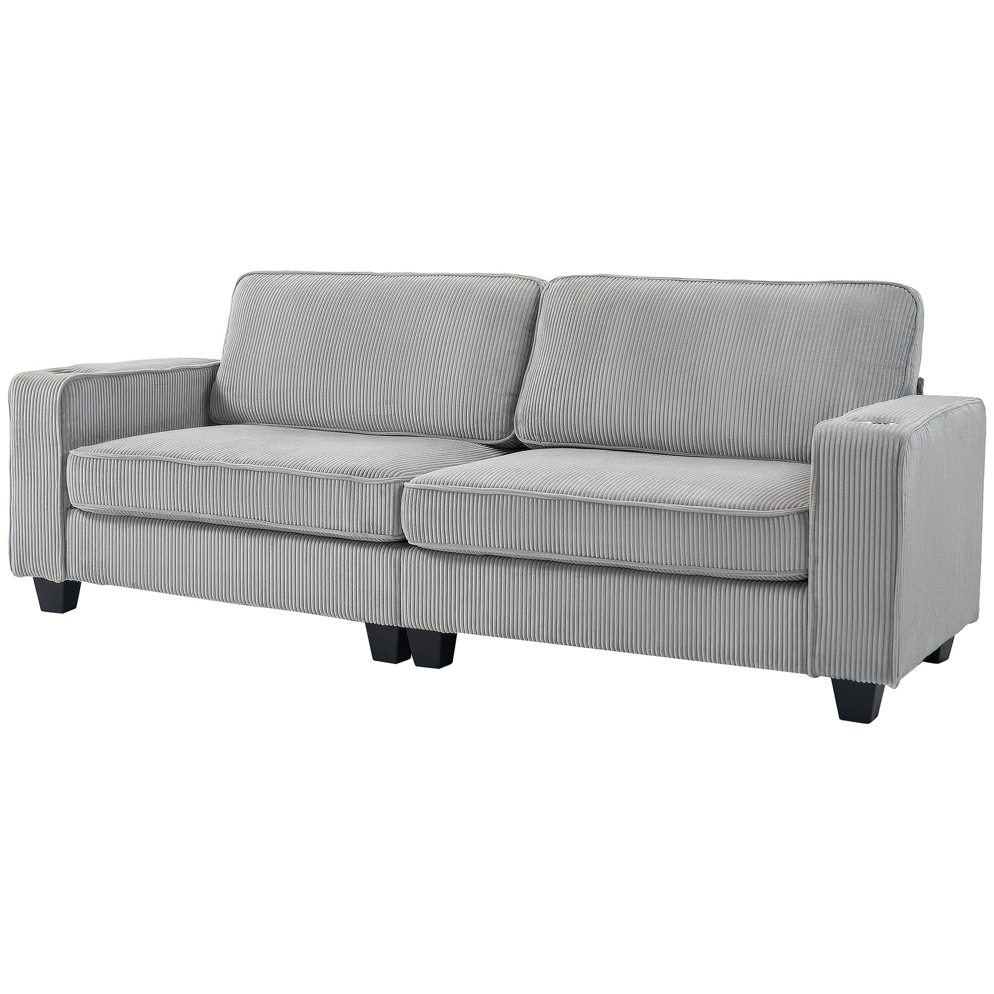 LAURA Three Seater Sofa, Fabric 3 Seater Couch with Spring Cushion and Cup Holders for Living Room, Bedroom, Light Grey