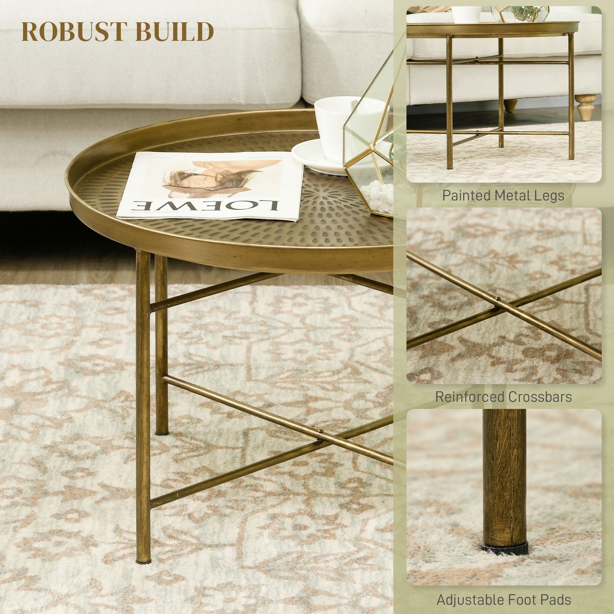 Dessie Vintage Coffee Table for Living Room, 24" Round Center Table with Hammered Tray Top and Metal Frame, Gold