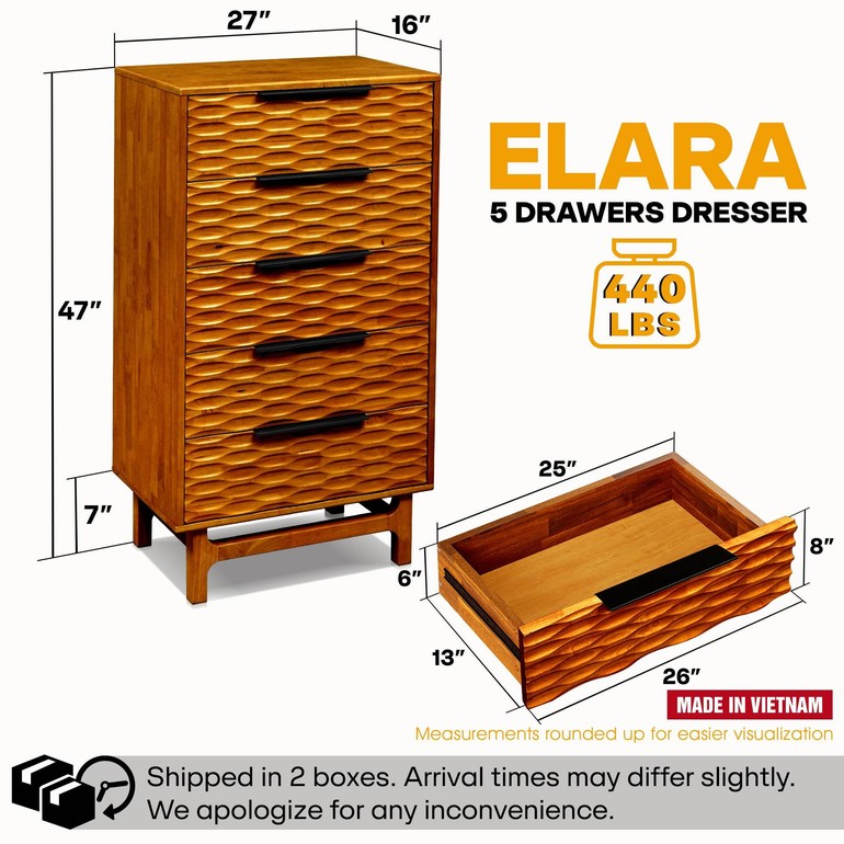 Slother Elara Solid Wood 5-Drawer Dresser