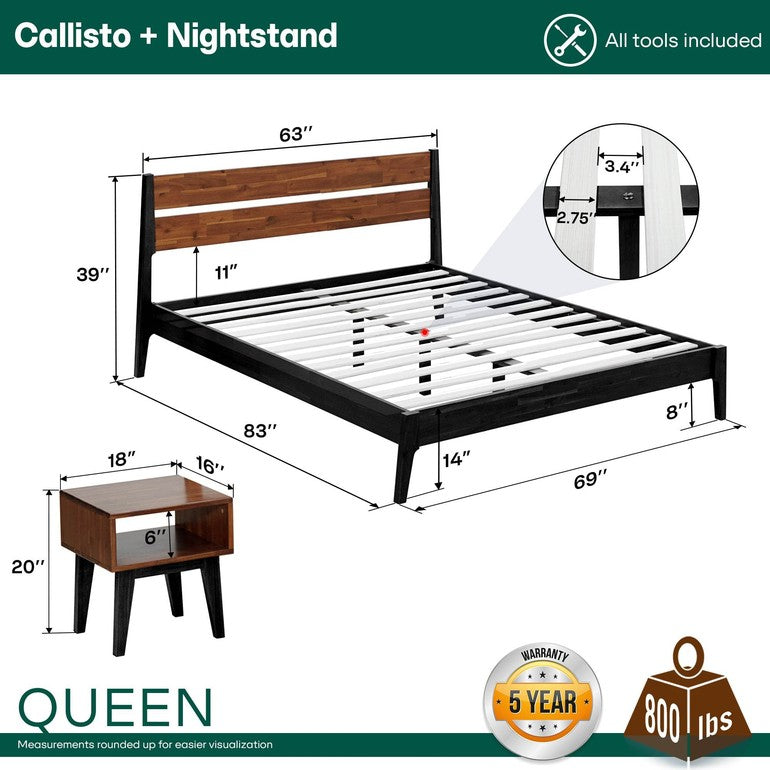 Slother Callisto Solid Wood  Bed Frame and Nightstand Bedroom Set