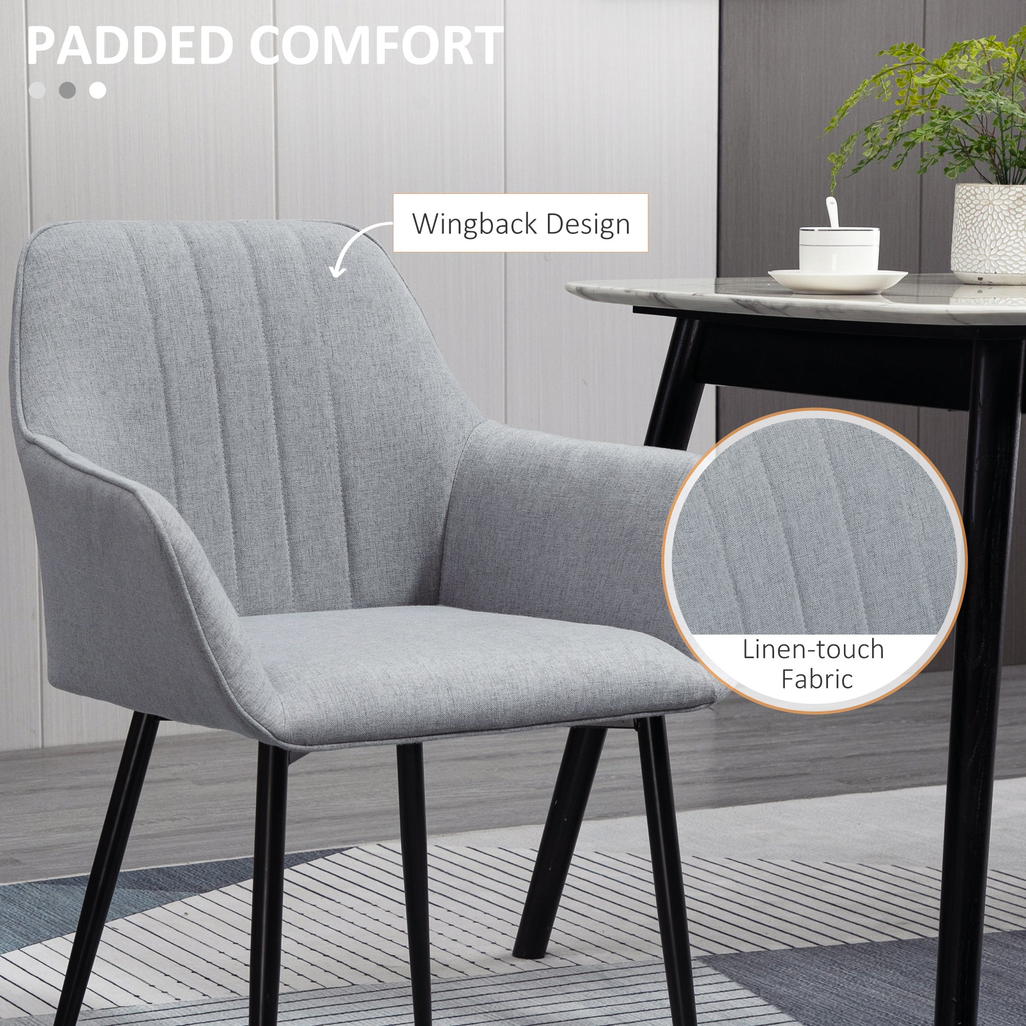 Robbie Dining Chairs Set of 2, Upholstered Linen Fabric Accent Chairs with Metal Legs, Light Grey