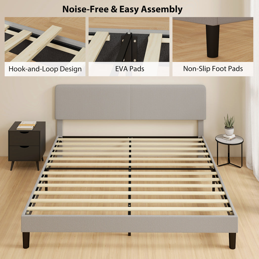Riley King Size Bed Frame with Adjustable Upholstered Headboard Platform Bed Frame Wood Slat Support Noise Free Light Grey